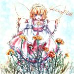  :d blonde_hair blue_eyes character_name dress fairy fairy_wings fang flower frilled_dress frilled_sleeves frills highres myouga_teien open_mouth outstretched_arms short_hair smile spread_arms sunny_milk touhou wings 