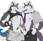  2018 abs anthro anthro_on_anthro biceps blue_eyes brothers canine clothing drks duo facial_hair fingerless_gloves frottage fur gloves goatee hair hi_res humanoid_penis incest jewelry male male/male mammal muscular muscular_male navel necklace necktie nipples pecs penis purple_eyes sex shirt shorts sibling simple_background tank_top uncut watch white_background wolf 