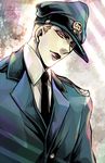  black_lipstick hat jojo_no_kimyou_na_bouken leone_abbacchio lipstick makeup male_focus police police_hat police_uniform red_eyes solo spritzer uniform younger 