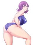 ass backless_outfit black_beat breasts highres large_breasts lips looking_at_viewer looking_back pokemon purple_eyes short_hair simple_background smile solo swimsuit thighs uchikido_(pokemon) wet white_background 