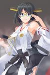  adjusting_eyewear bare_shoulders black_hair blush breasts cannon detached_sleeves frilled_skirt frills glasses green-framed_eyewear hairband japanese_clothes kantai_collection kirishima_(kantai_collection) large_breasts minazuki_(karashikazoku) no_legwear nontraditional_miko ribbon-trimmed_sleeves ribbon_trim short_hair skirt smile solo thighhighs turret 