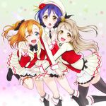  :d :o ;d black_bow black_footwear black_legwear blue_eyes blue_hair boots bow buttons clenched_hand earrings flower frilled_skirt frills girl_sandwich hair_bun hair_ornament hairclip hat hug jewelry jumping kousaka_honoka light_brown_hair looking_at_viewer love_live! love_live!_school_idol_project minami_kotori multiple_girls one_eye_closed one_side_up open_mouth orange_eyes orange_hair overskirt rymerge sandwiched skirt smile sonoda_umi sore_wa_bokutachi_no_kiseki star thighhighs tied_hair zettai_ryouiki 