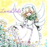  :o blonde_hair character_name dress drill_hair fairy fairy_wings flower frilled_dress frilled_sleeves frills hat highres holding holding_flower luna_child myouga_teien red_eyes short_hair touhou white_dress wings 