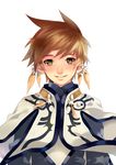  bad_id bad_pixiv_id brown_hair earrings feathers green_eyes highres jewelry kamokasa male_focus shawl shirt smile solo sorey_(tales) tales_of_(series) tales_of_zestiria white_background 
