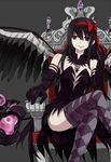  akemi_homura akuma_homura argyle argyle_legwear bad_id bad_pixiv_id bare_shoulders black_gloves black_hair black_wings breasts center_opening cleavage crossed_legs dark_orb_(madoka_magica) detached_collar dress elbow_gloves feathered_wings gem gloves grey_background hair_ribbon highres long_hair mahou_shoujo_madoka_magica mahou_shoujo_madoka_magica_movie panties purple_eyes ribbon simple_background sitting small_breasts smile smirk solo soul_gem spoilers strapless strapless_dress thighhighs thighs thorn_(ashthorn) throne underwear wings zettai_ryouiki 