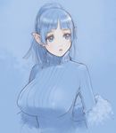  bad_id bad_pixiv_id blue_background blue_eyes blue_hair breasts earrings huge_breasts jewelry large_breasts open_mouth original parted_lips pointy_ears ponytail ribbed_sweater sano_toshihide shawl solo sweater turtleneck 