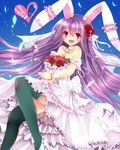  animal_ears black_legwear bouquet bracelet breasts bridal_veil bride bunny_ears character_name choker dress e-co flower gown hair_flower hair_ornament heart heart-shaped_pupils highres jewelry long_hair medium_breasts necklace open_mouth petals purple_hair red_eyes red_flower red_rose reisen_udongein_inaba rose smile solo symbol-shaped_pupils thighhighs touhou veil very_long_hair wedding_dress 