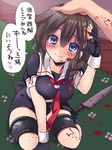  blood blue_eyes braid hair_over_shoulder hand_on_another's_head ikura_nagisa kantai_collection knife shigure_(kantai_collection) single_braid smile solo_focus translated trembling yandere 