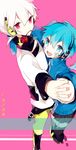  1girl absurdres bad_id bad_pixiv_id blue_eyes blue_hair dancing ene_(kagerou_project) flower headphones highres holding_hands kagerou_project kakuri89 konoha_(kagerou_project) long_hair mouth_hold red_eyes rose short_ponytail twintails white_hair 
