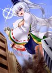  blush breasts censored covered_nipples cum dautsen destruction futanari giantess hat japanese_clothes large_breasts mononobe_no_futo penis ponytail short_hair silver_hair smile smoke solo tate_eboshi touhou translation_request veins veiny_penis 