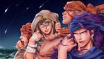  battle_tendency blonde_hair cloak esidisi facial_mark grey_hair hat hentaimaturi hood jojo_no_kimyou_na_bouken kars_(jojo) long_hair multiple_boys purple_hair red_hair santana_(jojo) shooting_star tattoo wamuu 