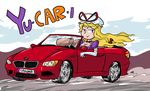  blonde_hair bmw breasts car cleavage convertible dress english gloves ground_vehicle hat leomodesto license_plate long_hair medium_breasts mob_cap motor_vehicle pun purple_dress purple_eyes touhou white_gloves yakumo_yukari 