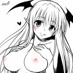  :q bad_id bad_nicoseiga_id breasts head_wings heart koakuma large_breasts long_hair looking_at_viewer monochrome nipples nude pointy_ears signature simple_background sketch smile solo spot_color tongue tongue_out touhou upper_body white_background yua_(checkmate) 