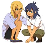  blonde_hair blue_eyes blue_hair full_body green_eyes inazuma_eleven inazuma_eleven_(series) inazuma_eleven_go kishibe_taiga long_hair male_focus miyasaka_ryou multiple_boys older open_mouth sekina squatting trait_connection whispering 