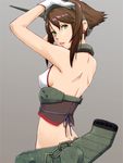  arms_up back bare_shoulders breasts brown_hair butt_crack earrings gloves green_eyes grey_background jewelry kaburagi_yuki kantai_collection lips long_hair mutsu_(kantai_collection) parted_lips sideboob simple_background small_breasts solo 