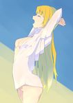  arms_up bad_id bad_pixiv_id blonde_hair bottomless breasts cleavage closed_eyes long_hair medium_breasts open_mouth original profile shirt simple_background solo tears white_shirt yawning ymd_(assiman) 