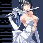  alternate_hairstyle bare_shoulders black_hair blue_eyes bouquet braid breasts center_opening choker cleavage copyright_name dress elbow_gloves eyebrows flower french_braid gem gloves jewelry kill_la_kill kiryuuin_satsuki large_breasts lips long_hair mitui321 navel pendant short_sword solo strapless strapless_dress sword thick_eyebrows weapon white_dress 