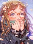  bad_id bad_yandere_id blue_eyes blush brown_hair buttons cherry_blossoms close-up coat covered_mouth covering_mouth crying crying_with_eyes_open falling fingernails flower glasses green_scarf hair_flower hair_ornament highres long_sleeves murata_renji over-rim_eyewear petals red-framed_eyewear scarf semi-rimless_eyewear solo tears upper_body 