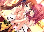  2girls blue_eyes blush breasts brown_hair class_zenin_maji_de_yuri?! dutch_angle game_cg grabbing grabbing_another's_breast green_eyes hatsuse_akira kasuga_rinko large_breasts mbs_truth multiple_girls nipples open_mouth red_hair saliva saliva_trail school_uniform twintails yuri 