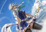  blue_eyes braid breasts cleavage cloud day dutch_angle garter_straps gears hair_over_one_eye izayoi_sakuya lips looking_at_viewer maid md5_mismatch medium_breasts panties pantyshot pantyshot_(standing) silver_hair sky solo standing thighhighs touhou twin_braids unbuttoned underwear watch wrist_cuffs youyi_(ww5413203) 