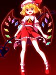 ascot aura blonde_hair dezuko_(dezuko_no_heya) flandre_scarlet hat hat_ribbon highres laevatein looking_at_viewer mary_janes mob_cap open_mouth puffy_sleeves red_eyes ribbon sash shaded_face shirt shoes short_sleeves side_ponytail skirt skirt_set slit_pupils smile solo touhou wings 
