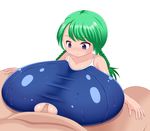  1girl blue_eyes bongus braid breasts fat fat_man gigantic_breasts green_hair paizuri paizuri_under_clothes penis shiny shiny_skin smile swimsuit uncensored 