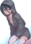  bad_id bad_twitter_id black_hair blue_eyes breasts copyright_request dutch_angle en@rain hair_between_eyes highres hood hoodie naked_hoodie sitting sleeves_past_wrists small_breasts solo thighhighs wariza white_legwear 