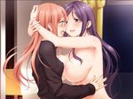  aida_takanobu aihara_ringo blue_eyes blush breasts brown_hair clothed_female_nude_female game_cg hug large_breasts long_hair multiple_girls nipples nude open_mouth purple_hair small_breasts smile sono_hanabira_ni_kuchizuke_wo takao_chiaki yuri 