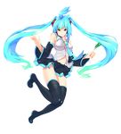  aqua_hair blue_eyes boots detached_sleeves full_body hatsune_miku headset long_hair mochimochi_omochi navel necktie skirt solo spring_onion thigh_boots thighhighs transparent_background twintails vocaloid 