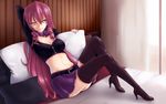  akuma_no_riddle bed breasts cleavage forscience inukai_isuke long_hair looking_at_viewer medium_breasts pink_hair purple_skirt skirt smile solo yellow_eyes 