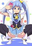  bad_id bad_pixiv_id black_legwear blue_eyes blue_hair blue_skirt blush_stickers boots cellphone crown cure_princess happinesscharge_precure! heart highres long_hair looking_at_viewer magical_girl panties phone precure shirayuki_hime skirt solo squatting striped striped_panties thighhighs twintails underwear yuguraniru 
