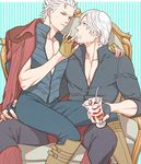  arm_around_neck blue_eyes boots chair chaps dante_(devil_may_cry) devil_may_cry devil_may_cry_3 devil_may_cry_4 eye_contact facial_hair feeding fingerless_gloves food fruit gloves incest jacket_on_shoulders kinokooooo knee_boots legs_apart looking_at_another male_focus multiple_boys muscle pants parfait pectorals siblings silver_hair sitting sitting_on_lap sitting_on_person strawberry striped striped_background stubble sweat unzipped vergil vertical-striped_background vertical_stripes vest whipped_cream white_hair yaoi 