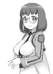  between_breasts breasts fingers_together glasses greyscale large_breasts mahouka_koukou_no_rettousei monochrome necktie school_uniform shibata_mizuki short_hair solo standing ueyama_michirou upper_body 