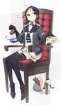  :3 batsubyou black_legwear blue_hair cat chair full_body gloves green_eyes highres kantai_collection long_hair school_uniform serafuku sitting solo stamp suzukaze_(kantai_collection) suzume_yuu thighhighs translated zettai_ryouiki 