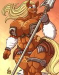  abs amazon anthro armor barbarian big_breasts blonde_hair blue_eyes breasts brown_fur chainmail cleavage clothed clothing clydesdale ear_piercing equine female fur gauntlet hair horse huge_breasts jackie_rose jaeh long_hair mammal muscles muscular_female navel piercing polearm skimpy smile solo spear staff standing tattoo teeth thick_thighs tribal unconvincing_armor weapon wide_hips 