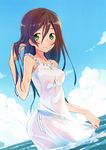 absurdres artist_request bare_shoulders blue_sky brown_hair cloud day dress dutch_angle green_eyes hair_between_eyes highres leaning_forward long_hair ocean original scan see-through see-through_silhouette sky smile solo sundress wading water wet wet_clothes wet_dress white_dress 