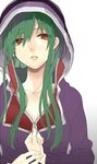  green_hair hood hoodie hoshi_ataru kagerou_project kido_tsubomi long_hair red_eyes solo unzipping 