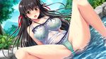  black_hair blue_gale bra game_cg long_hair natsu_doki! nemitarou panties sakurazawa_asami see_through spread_legs underwear water wet yellow_eyes 