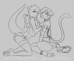  anthro butt cat chest_tuf chest_tuff crossdressing cute duo duo_(character) feline fur ghostblanketboy girly hair legwear line_art looking_at_viewer male mammal mareef monochrome mustelid otter panties smile stockings tiger uncolored underwear 