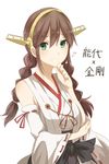  bare_shoulders braid brown_hair character_name cosplay detached_sleeves green_eyes highres kantai_collection kongou_(kantai_collection) kongou_(kantai_collection)_(cosplay) long_hair looking_at_viewer nontraditional_miko noshiro_(kantai_collection) ribbon-trimmed_sleeves ribbon_trim solo tsukamoto_minori twin_braids 