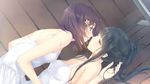  2girls bare_shoulders black_eyes black_hair blush breasts brown_hair dress eye_contact flowers_(game) flowers_(innocent_grey) game_cg highres incipient_kiss innocent_grey kousaka_mayuri long_hair looking_at_another lying multiple_girls ponytail shirahane_suou short_hair shoujo_ai small_breasts sugina_miki summer_dress wooden_floor yuri 