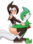  1boy 1girl bestiality blue_eyes bottomless cum cum_in_pussy eye_contact female gallade girl_on_top greenninja hetero interspecies looking_at_another mai_(pokemon) pokemon pokemon_(game) pokemon_dppt red_eyes sex straddling sweat thighhighs upright_straddle vaginal 