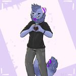  &lt;3 abstract_background absurd_res baxi blue_fur close-up eyebrows fluffy_tail fur hair hi_res hoodie jeans losermonster male neck_fluff neck_tuft purple_tongue short_hair smile unknown_species wristband 