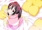 2c=galore black_hair blush bow from_above hair_bow hair_ornament hairclip long_hair looking_at_viewer looking_up loungewear love_live! love_live!_school_idol_project no_shoes open_mouth red_eyes sitting skirt solo sticker striped striped_legwear thighhighs twintails wariza yazawa_nico yellow_legwear 