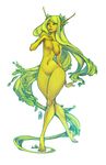  breasts elf fantasy female flora_fauna green_eyes green_hair hair leaf long_hair looking_at_viewer navel nipples not_furry nude plain_background plant pussy redbeanviolin smile solo thick_thighs walking white_background yellow_skin 