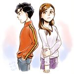  1boy 1girl 2014 billy_batson black_hair brother_and_sister brown_eyes brown_hair dc_comics denim family frown hand_in_pocket hand_on_own_arm jeans long_sleeves mary_batson pants purple_pants sen_(pixiv111638) shazam siblings twins 