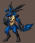  brown_background canine chest_spike digitigrade fur jackal lucario mammal mootdam nintendo nude plain_background plantigrade pok&#233;mon pok&eacute;mon red_eyes solo video_games 