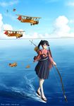  aircraft airplane arrow biplane black_hair bow_(weapon) cloud dated day fairy_(kantai_collection) goggles helmet highres houshou_(kantai_collection) japanese_clothes kama_iruka kantai_collection ocean pilot ponytail sandals sky smile wake water waves weapon 