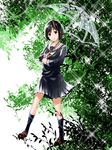  black_hair branch leaf mizuiro_murasaki nakahara_misaki nhk_ni_youkoso! school_uniform short_hair skirt socks solo umbrella 