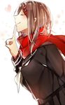  bad_id bad_pixiv_id brown_hair closed_eyes finger_to_mouth hair_ornament hairclip heart kagerou_project long_hair red_scarf scarf school_uniform serafuku smile solo tateyama_ayano white_background yuki_(t128) 
